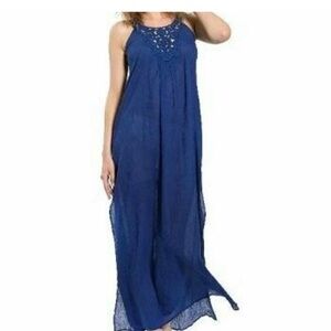 NWT Pia Rossini Blue Maxi Cotton Dress with crochet detail